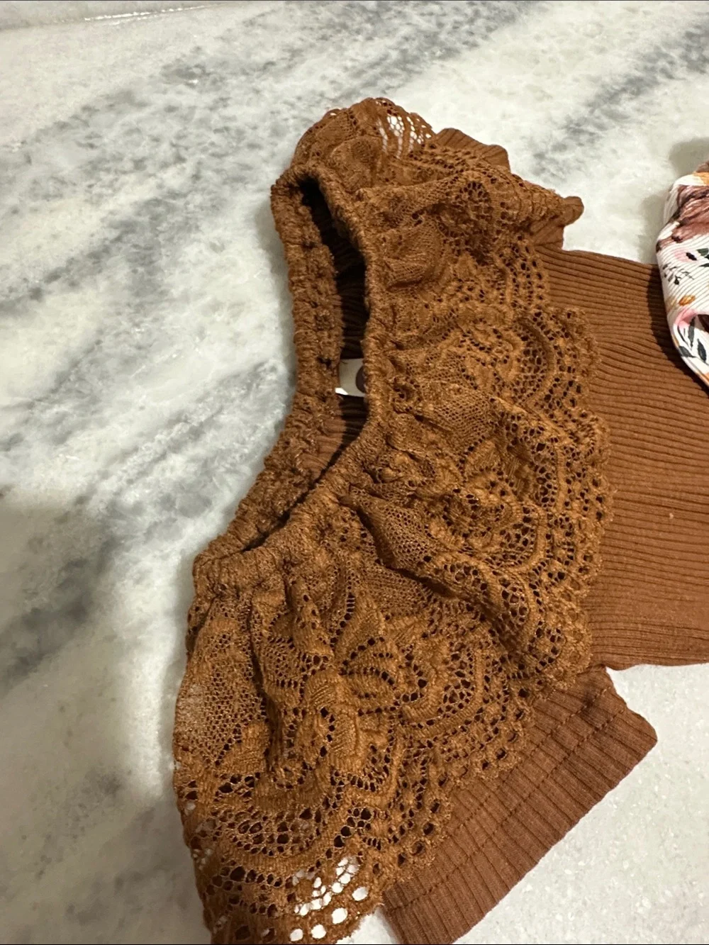 Brown Ribbed One-Shoulder Bodysuit with Floral & Bison Print Pants